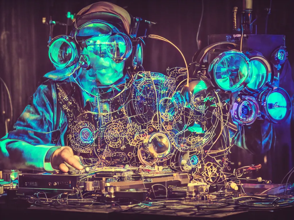 Image similar to a person wearing goggles and visor and headphones using a steampunk record player contraption, wires and tubes, turntablism dj scratching, intricate planetary gears, cinematic, imax, sharp focus, leds, bokeh, iridescent, black light, fog machine, hazy, lasers, hyper color digital art, cyberpunk