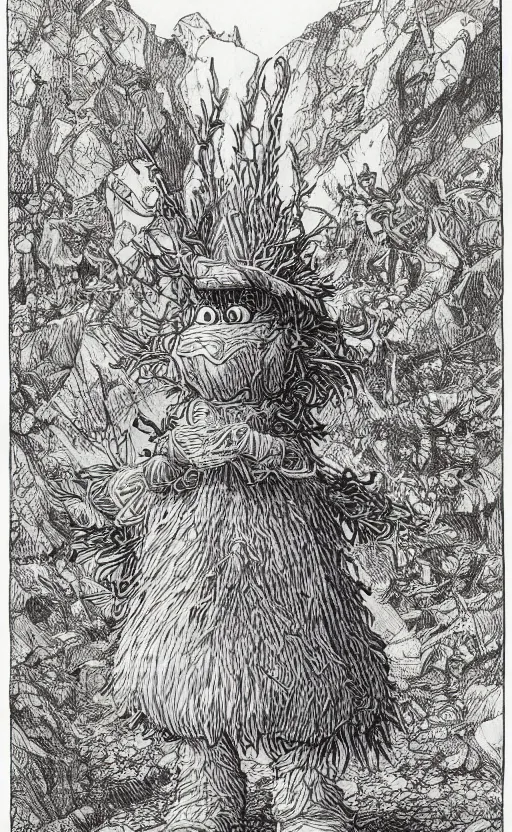 Image similar to an illustration of a fraggle, full body, standing in rectangular border, pen-and-ink illustration, etching, by Russ Nicholson, DAvid A Trampier, larry elmore, 1981, HQ scan, intricate details