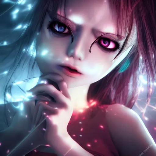 Prompt: photorealistic full shot of masterpiece angry darkness anime girl, beautifull lovely eyes, electric aura with particles, darkness background, inspired by tim burton, detailed, unreal engine 4 k, volumetric light, fog