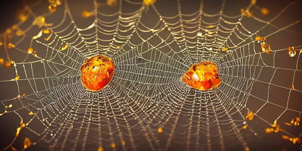 Prompt: fractal spiderweb encased in amber, bubbles, translucent, bokeh, realistic, hyperdetailed