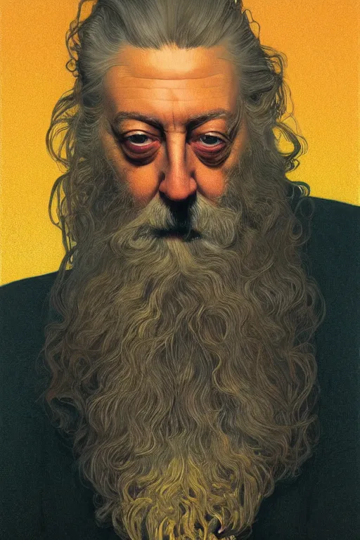 Prompt: a close-up portrait of Alan Moore, dramatic backlighting, golden hour, autochrome, high contrast, highly detailed, sharp focus, digital painting, concept art, illustration, rock, comicpunk, trending on artstation, art by greg rutkowski and Shepard Fairey, composition by alphonse mucha