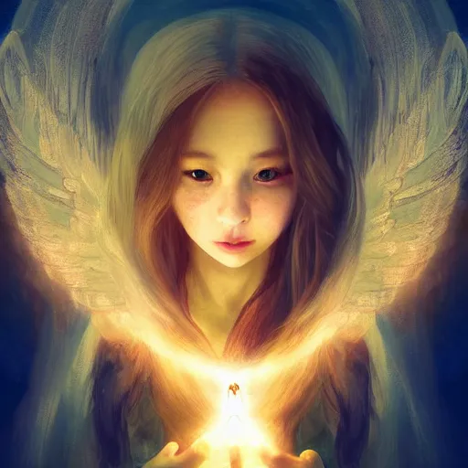 Prompt: Angel in the universe, surrounded by a light circle, glowing, high saturation, cinematic light effect, realistic, adding detail, by Wlop，rococo style, high definition