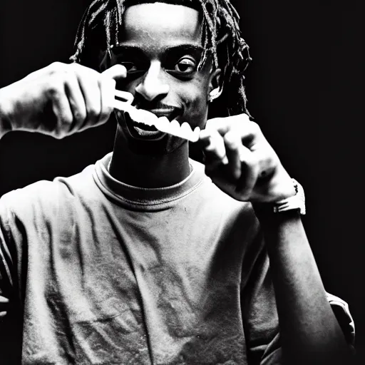 Image similar to playboi carti eating fruity pebbles, film grain, vintage photo, high contrast