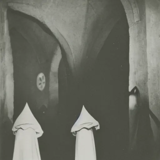 Image similar to - Early black and white photograph of robed figures with tall pointed hats inside a castle, creepy, 8mm