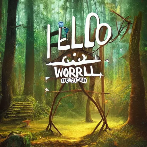 Image similar to 'Hello World' sign in a fairy forest, by Beeple, RHADS, and Greg Rutkowski, trending on artstation, unreal engine, 4k, high quality render, digital art