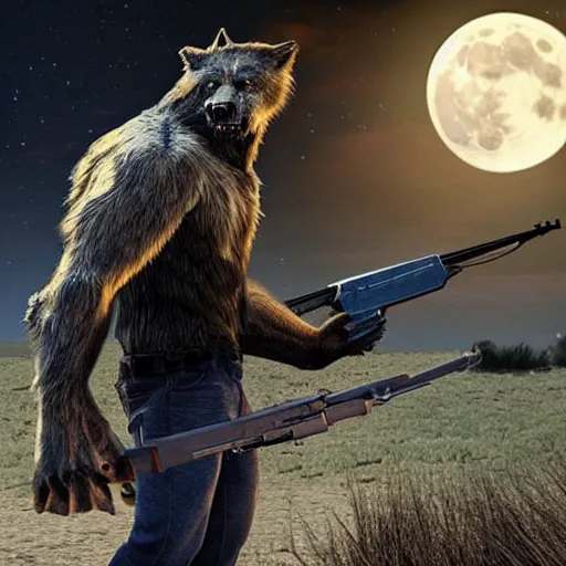 Prompt: a fearsome werewolf holding an ak - 4 7 in one hand and a elecric guitar in the other a full moon shies behind him, darkcinematic scene, super detailed, hyper realistic