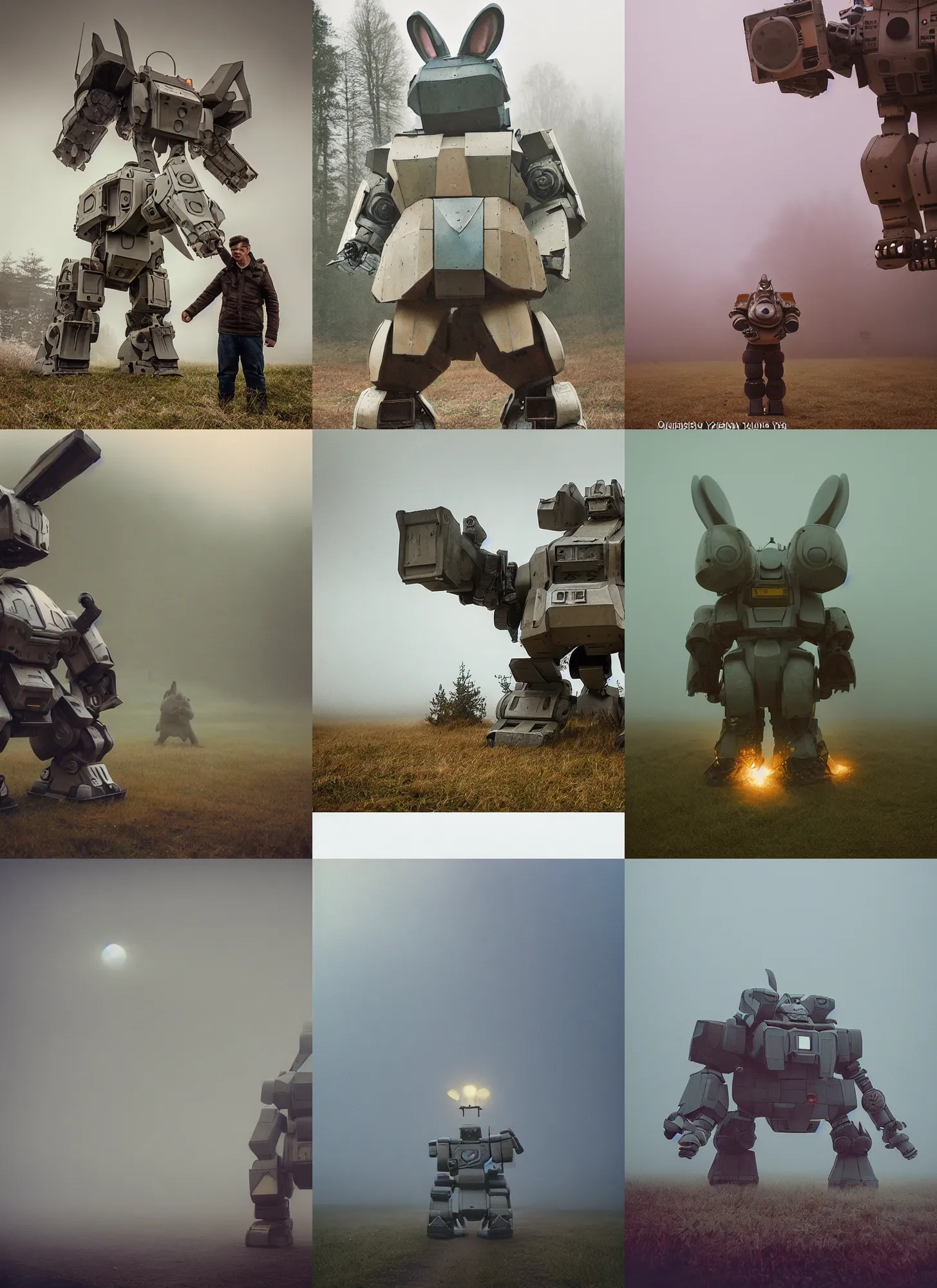 Prompt: giant oversized chubby battle armored rabbit robot mech, with big rabbit ears ,on a foggy rura vilage , Cinematic focus, Polaroid photo, vintage, neutral colors, soft lights, foggy, panorama by Steve Hanks, by Serov Valentin, by lisa yuskavage, by Andrei Tarkovsky