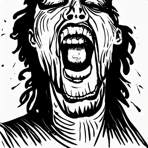 Prompt: portrait of crazy person screaming black ink on paper