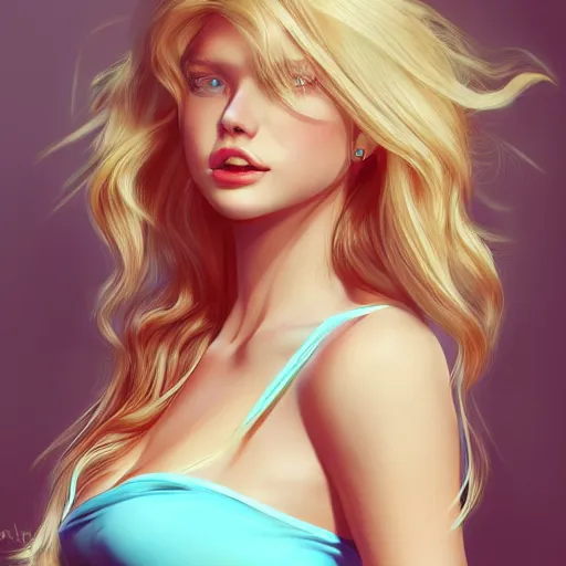 Prompt: a very beautiful young donald trump, full body, long wavy blond hair, sky blue eyes, full round face,, bikini, miniskirt, front shot, highly detailed, cinematic wallpaper by stanley artgerm lau