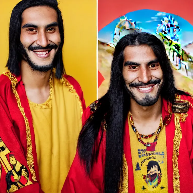 Prompt: A photo of Emperor Kuzco!!!!!!!!!!!!!!!! in his early 20s, peruvian looking, with his long black hair, beardless, smiling with confidence, and wearing!!! his red emperor clothes. Portrait by Terry Richardson. Golden hour. 8K. UHD. Machu Picchu as background.