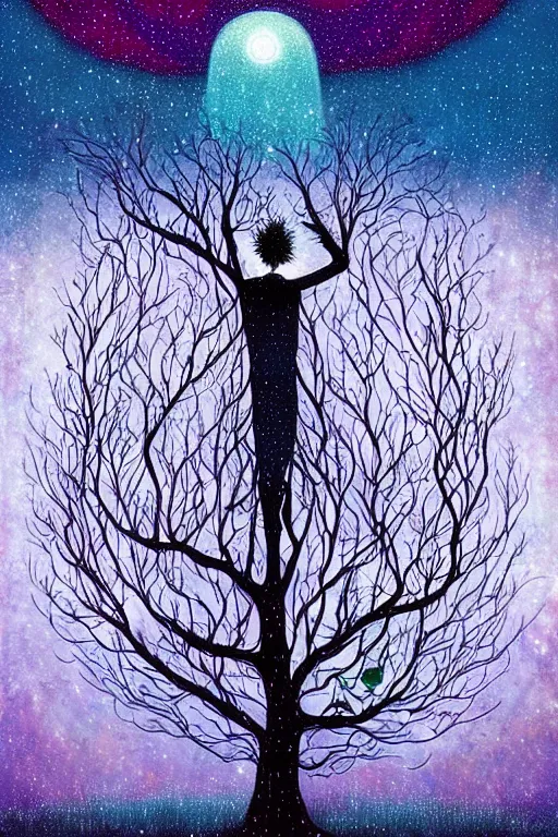 Image similar to surreal neil gaiman's sandman, Dream, magic realism, flowerpunk, mysterious, A tree fades into starry space, vivid colors, by andy kehoe, amanda clarke