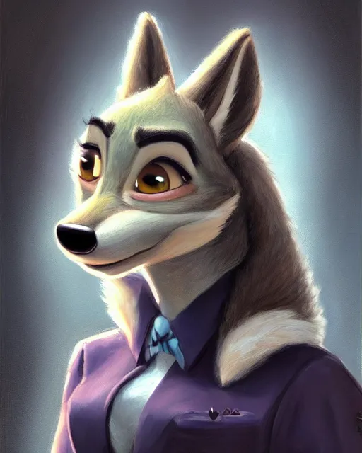 Prompt: beautiful oil painting of anthromorphic female wolf, in style of zootopia, zootopia, zootopia, fursona, furry, furaffinity, 4 k, deviantart, furry art, fursona art, wearing black business suit, business suit, in style of zootopia, wolf fursona, cyberpunk, female, very very expressive detailed feminine face,