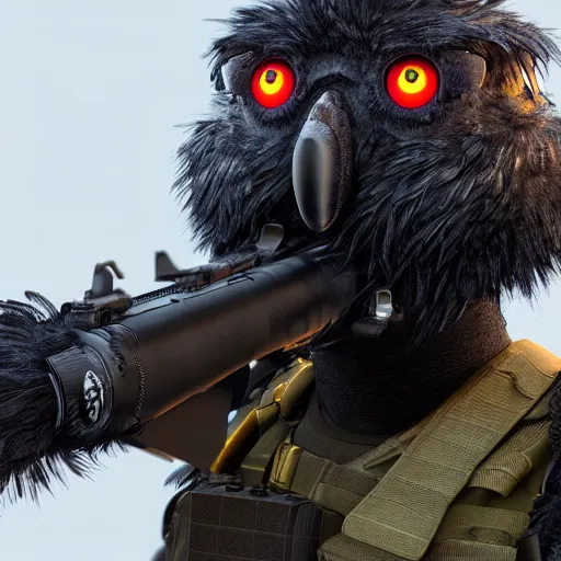 Image similar to mole wearing military gear, furry, glowing arcane eyes, very detailed black feathers, ultra detailed, cgi, photorealistic, unreal engine 5, nft portrait, 3 d, digital art, 8 k, octane render, trending on art station,