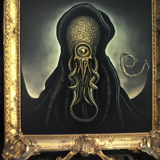 Prompt: illithid, cthulhu, white and gold, painting on black canvas, rembrandt!!