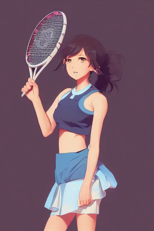 Prompt: a girl holding a tennis racket, full shot, intriguing outfit, fine - face, realistic shaded perfect body, fine details. night setting. very anime style. realistic shaded lighting poster by ilya kuvshinov katsuhiro, magali villeneuve, artgerm, jeremy lipkin and michael garmash, rob rey and kentaro miura style, trending on art station