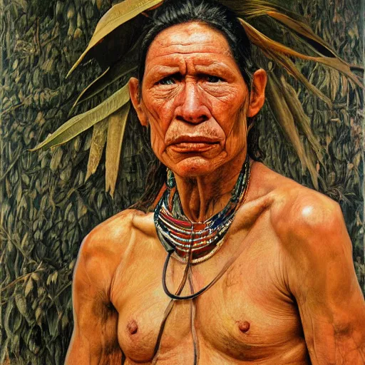 Image similar to high quality high detail painting by lucian freud, hd, portrait of a amazonian tribe leader, photorealistic lighting