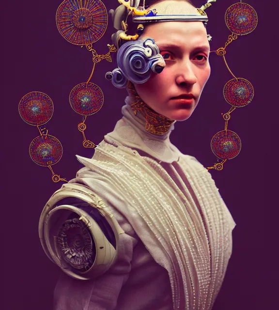 Prompt: colour caravaggio style photography of highly detailed beautiful woman with 1 0 0 0 years perfect face and wearing detailed ukrainian folk costume designed by taras shevchenko also wearing highly detailed retrofuturistic sci - fi neural interface designed by josan gonzalez. many details in style of josan gonzalez and mike winkelmann and andgreg rutkowski and alphonse muchaand