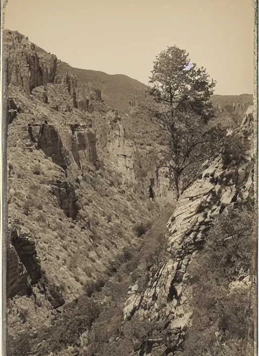Image similar to Overlook of a gorge with steep rocky slopes covered with sparse desert trees , albumen silver print by Timothy H. O'Sullivan.
