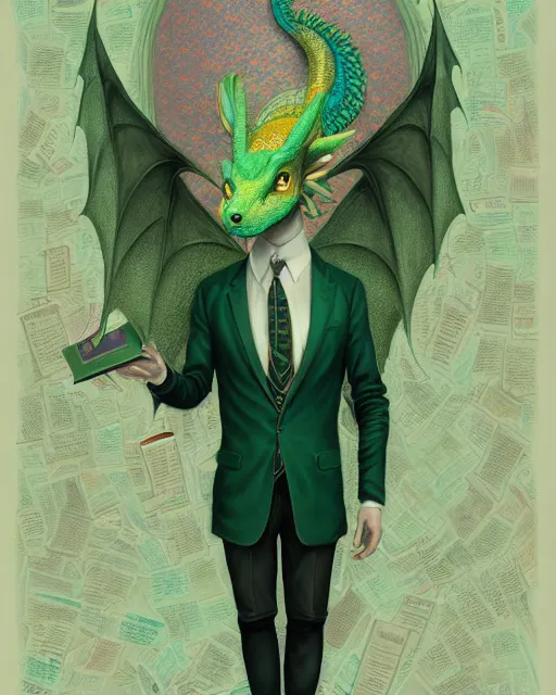 Image similar to anthropomorphic art of a businessman dragon, green dragon, portrait, victorian inspired clothing by artgerm, victo ngai, ryohei hase, artstation. fractal papers, newspaper. stock certificate, highly detailed digital painting, smooth, global illumination, fantasy art by greg rutkowsky, karl spitzweg