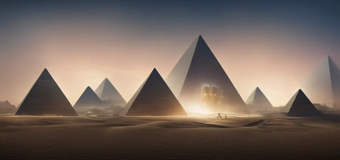 Image similar to view from the desert ground of futuristic blade runner pyramids architecture, light rays, symmetry, cinematic lighting, ultra detailed, sharp, ambient occlusion, bloom, raytracing, by greg rutowski, paul chaidesson and jessica rossier