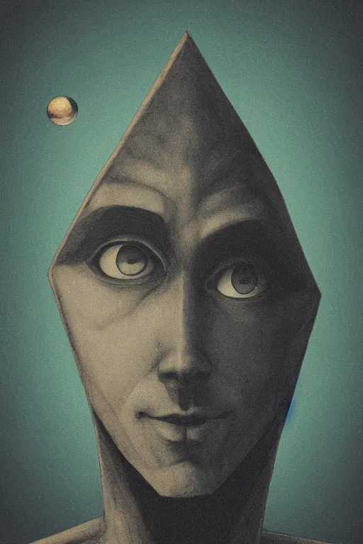 Image similar to portrait of triangle shaped head with single centered giant orb eye, in the style of Greg Broadmore and Arthur Rackham,trending on artstation, light lighting side view,digital art,surrealism ,macro,blueprint ,vaporwave ,