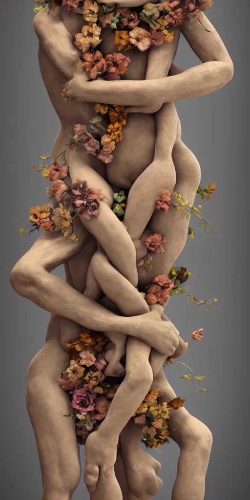 Image similar to closeup photograph of a surrealist sculpture human bodies intertwined, a lovely cornucopia of flowers and human body parts, body parts, muted color palette, skin tones, golden ratio, perfect geometry, highly detailed, octane render, cinematic