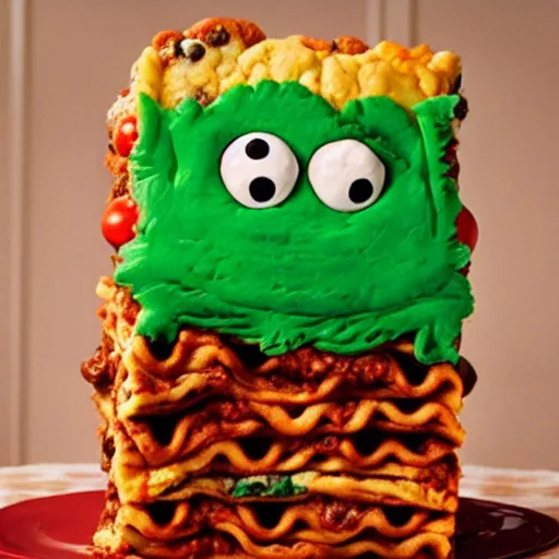 Prompt: the cookiemonster is the lasagna monster now