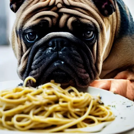 Prompt: bulldog eating pasta