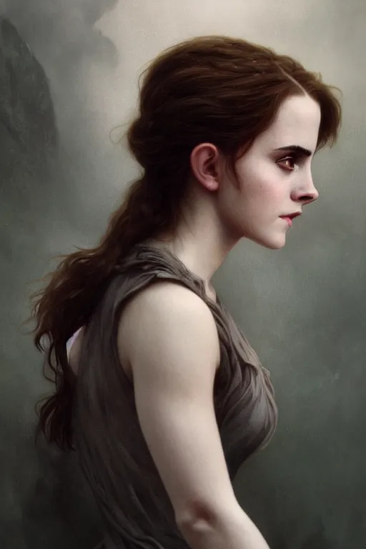 Image similar to beautiful pale emma watson, dark fantasy, cinematic lighting, intricate, elegant, highly detailed, digital painting, artstation, smooth, sharp focus, illustration, art by artgerm and greg rutkowski and zdislav beksinski and alphonse mucha and Wayne Barlowe and william-adolphe bouguereau