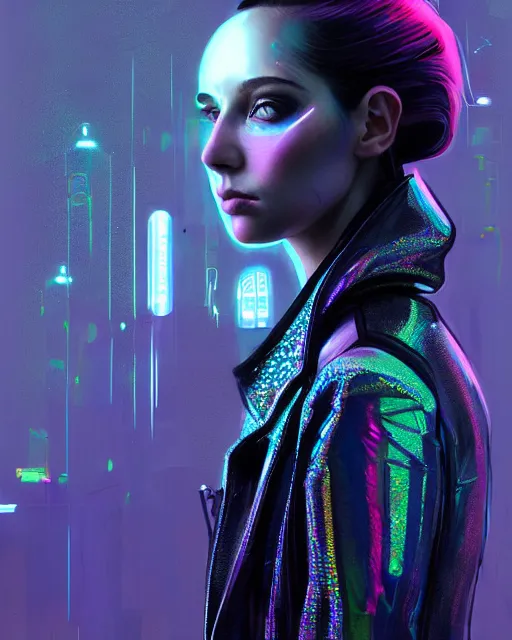 Image similar to detailed portrait of European Pretty Young Girl Sheen Holographic Jacket coat, Futuristic sci-fi fashion, royal attire cyberpunk, neotokyo, synthwave, aesthetics, futuristic, low-emission-neon, bladerunner movie scene by ismail inceoglu dragan bibin hans thoma greg rutkowski Alexandros Pyromallis Nekro Rene Margitte illustrated Perfect face, fine details, realistic shaded, fine-face, pretty face sharp chine