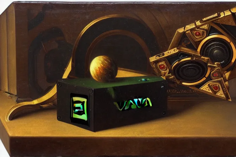 Image similar to a vanitas painting depicting an NVIDIA RTX A100 GPU, graphics card