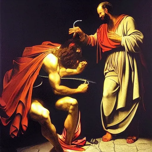 Image similar to God of forging and fire hephaistus creating the first artificial neural network in his volcanic laboratory, hephaistos has a beard and a red cape and is very strong, cinematic lighting, dark background, painting by caravaggio