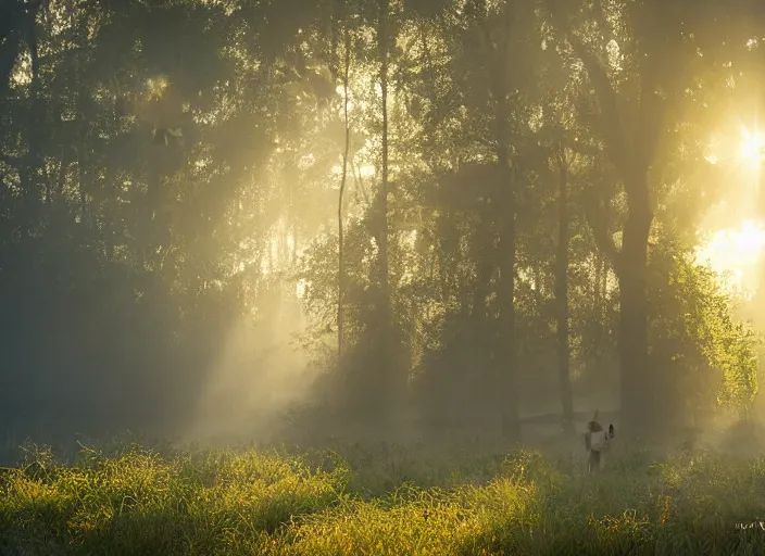 Image similar to misty swamp, hazy fog, sundown golden hour, early morning dance, smile, fireflies and sparkling wisps, rainbow sun rays through trees, Lilia Alvarado, Sophie Anderson, Mark Arian, Bob Byerley, Charlie Bowater, Mark Brooks, Steve Henderson, Justin Gerard, Arthur Hughes, Edward Robert Hughes, Mark Keathley, Victor Nizovtsev, Carlos Shwabe, Ross Tran, WLOP