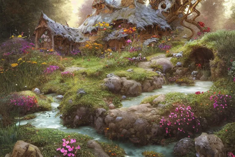 Image similar to wide angle view, a beautiful digital painting of a fairy house made of rocks in a stream, flowers, beautiful tranquil day, by greg rutkowski, brian froud, peter mohry, jean - baptiste monge, and alphonse mucha, symmetry, complementary colors, ink illustration, trending on artstation