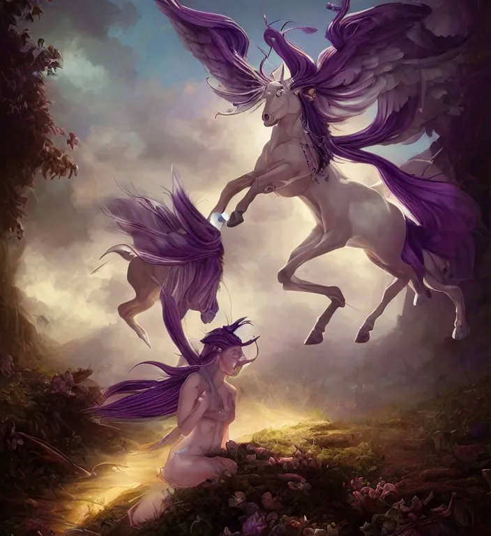 Image similar to a majestic female centaur with white wings and with a horn on the forehead and purple hair and elf ears, backlit, strong rim light, highly detailed, digital painting, by Alvaro Castagnet + Peter Mohrbacher + Dan Mumford + vivid colors + high contrast, 8k resolution, intricate, photorealistic, smooth