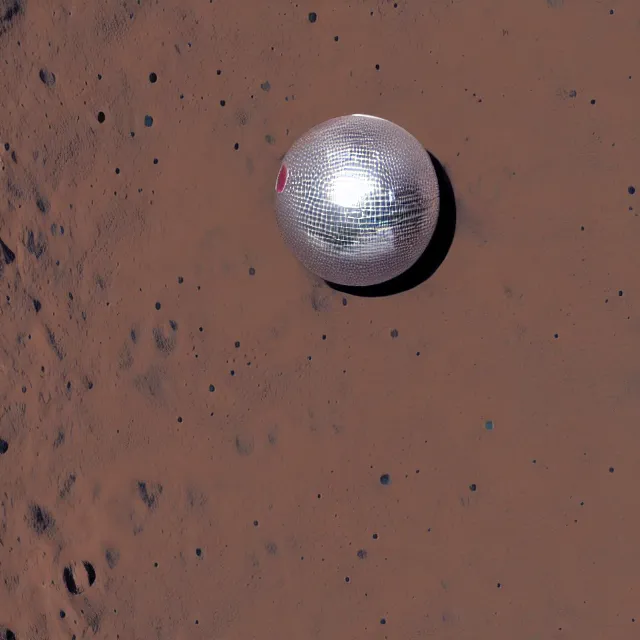 Image similar to a disco ball resting on the surface of mars, disco ball on mars, photograph, color photo