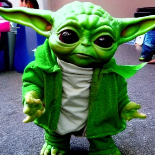 Prompt: baby yoda transforming into hulk