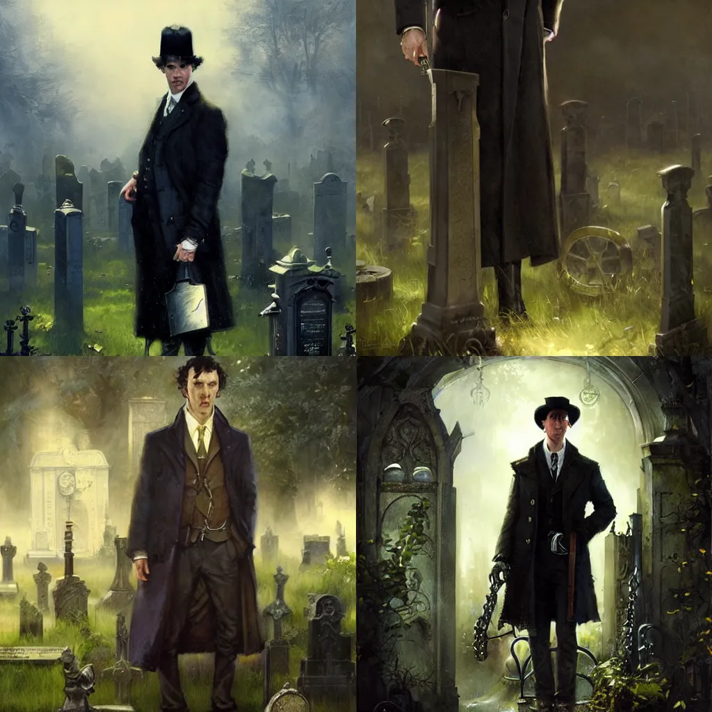 Prompt: sherlock holmes standing in a graveyard, detailed, by raymond swanland, by tom bagshaw, hd, by sherree valentine daines, sunny, by fintan magee, bright, night