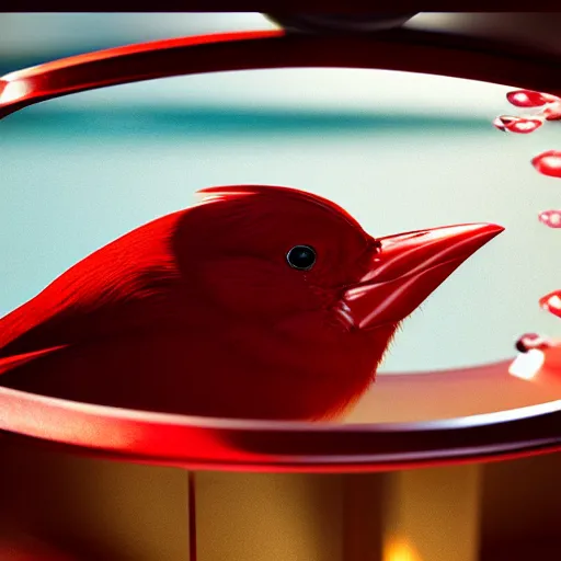 Prompt: a photorealistic photograph of a red Cardinal bird swimming inside of an Armagnac decanter at an upscale polo lounge Trending on Artstation, featured on Behance, well-rendered, Unreal Engine, 4K HD