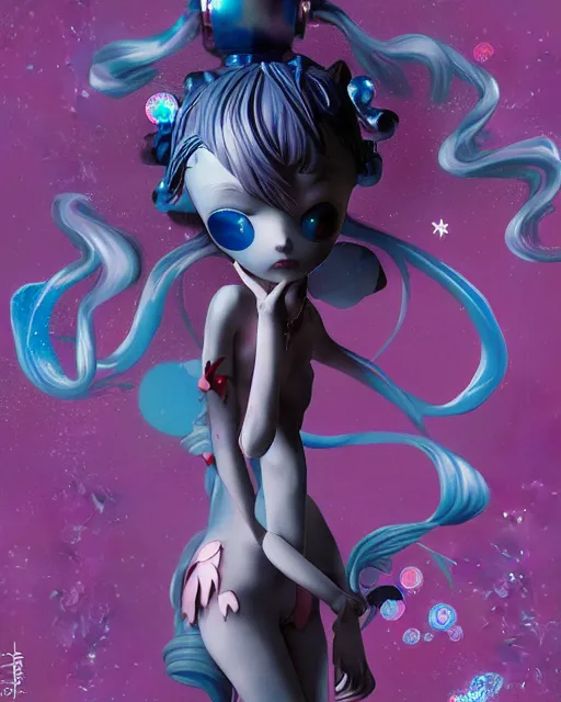 Image similar to james jean isolated vinyl figure harajuku magical girl character design, figure photography, dynamic pose, holographic undertones, motion shapes color design, glitter accents on figure, anime stylized, sharp focus, accurate fictional proportions, high delicate defined details, ethereal lighting