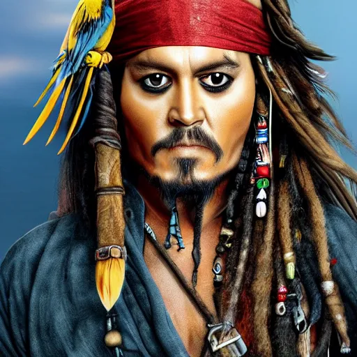 Image similar to jack sparrow with a parrot on the shoulder, portrait, 8k resolution, hyper detailed, realistic eyes, studio lighting, cinematic