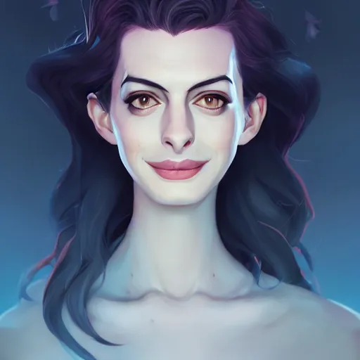 Image similar to a portrait of a beautiful Anne Hathaway witch, art by lois van baarle and loish and ross tran and rossdraws and sam yang and samdoesarts and artgerm, digital art, highly detailed, intricate, sharp focus, Trending on Artstation HQ, deviantart, unreal engine 5, 4K UHD image