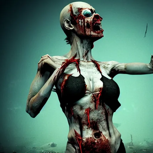 Image similar to angry zombie female in swim - suit, full body portrait, perfect body, rib cage open, horror core, apocalyptic, feeling of grimdark, sharp focus, fiction, hyper detailed, digital art, trending in artstation, cinematic lighting, studio quality, smooth render, unreal engine 5 rendered, octane rendered, art style and nixeu and wlop and krenz cushart