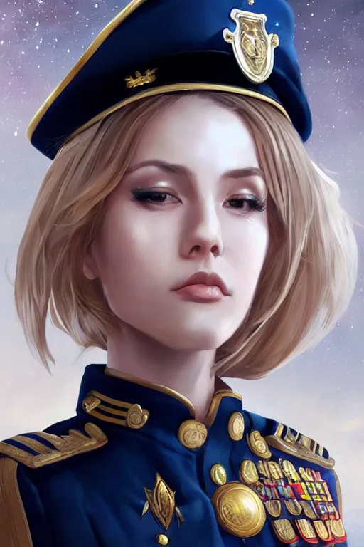 Prompt: beautiful portrait of a female officer wearing a fancy naval uniform, art by wlop and artgerm, science fiction, highly detailed, blonde hair, space background, trending on artstation, sharp focus, illustration, caustics, octane render, radiant light