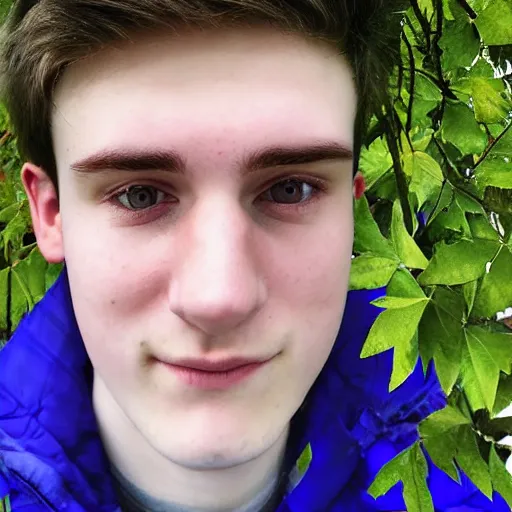 Prompt: A Selfie by a scottish 20 year old man infront of leaves filling the screen. Blue jacket wearing man with short hair and short facial hair. Short bearded man with brown hair. HD stunning photograph by Canon. Looking directly towards camera this man with a triangular thin shape and thin nose is off center to the left of the frame.