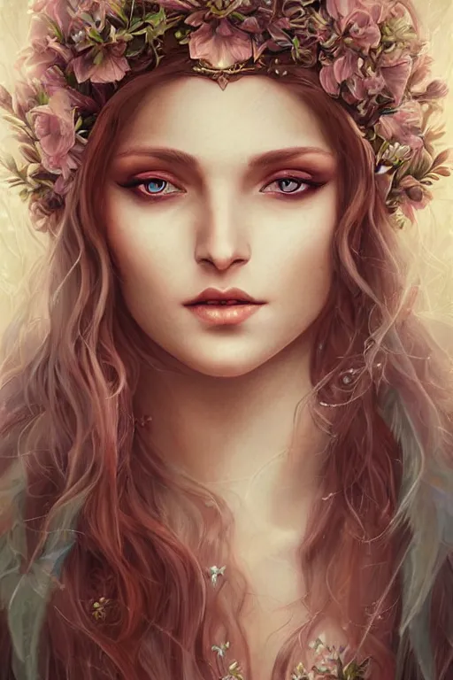 Image similar to portrait of beautiful elvish goddess , 8k, highly detailed, sharp, realistic, in style of Anna Dittmann