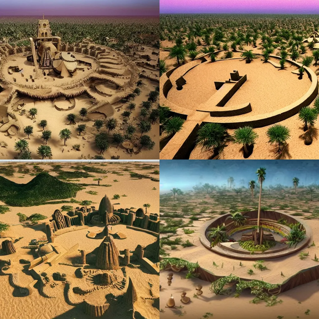 Prompt: The spiritual village of a lost civilization built in the lush oasis of a seemingly infinite sand desert