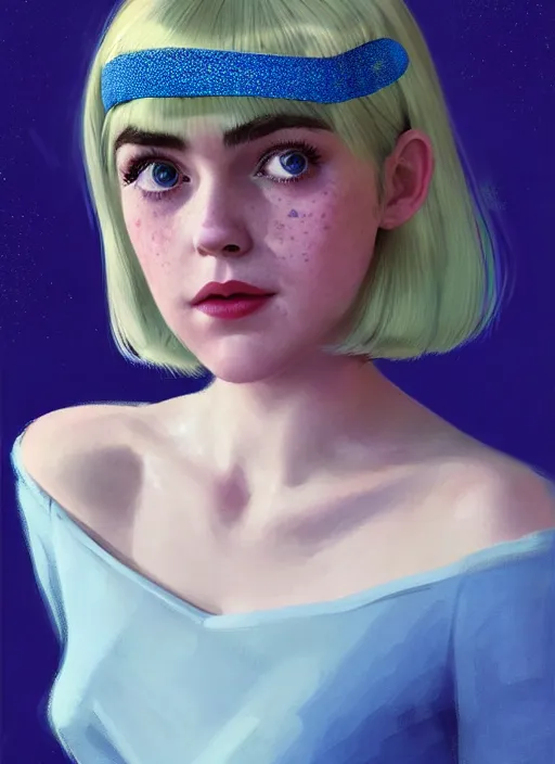 Image similar to portrait of kiernan shipka with freckles, white hair, big 1 9 6 0 s bob hairstyle with bangs and hairband, blue 1 9 6 0 s dress, intricate, elegant, glowing lights, highly detailed, digital painting, artstation, concept art, smooth, sharp focus, illustration, art by wlop, mars ravelo and greg rutkowski