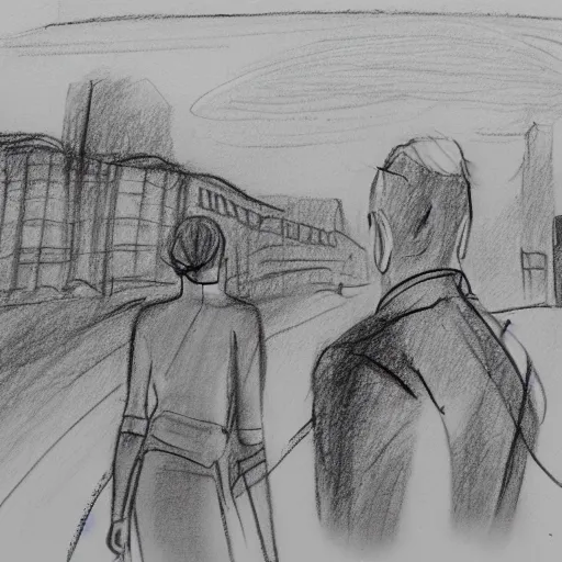 Prompt: a rough pencil sketch of two people watching their city get bombed