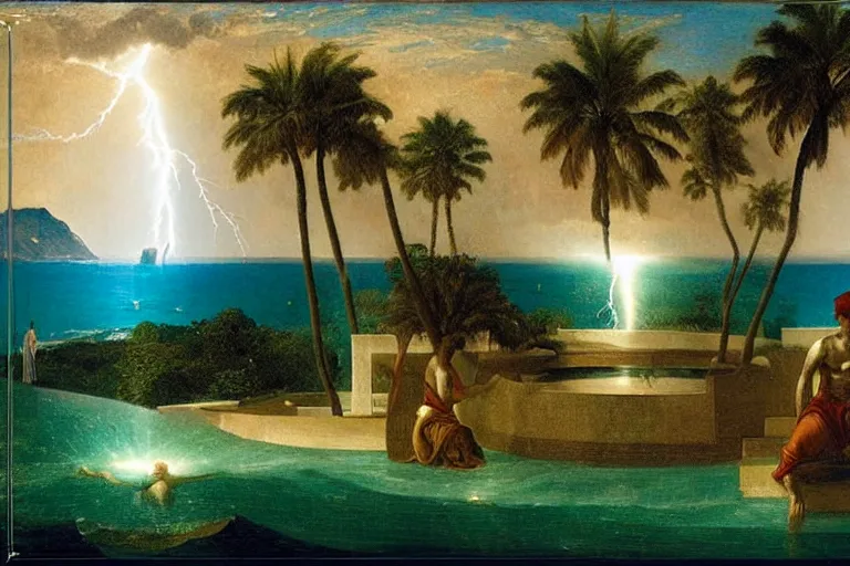 Image similar to mediterranean balustrade, refracted lightnings on the ocean, thunderstorm, greek pool, beach and Tropical vegetation on the background major arcana sky and occult symbols, by paul delaroche, hyperrealistic 4k uhd, award-winning, very detailed paradise